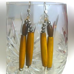 Native American Earrings Hairpipe Horn Bead Dangle Brown Handmade Silver Tone